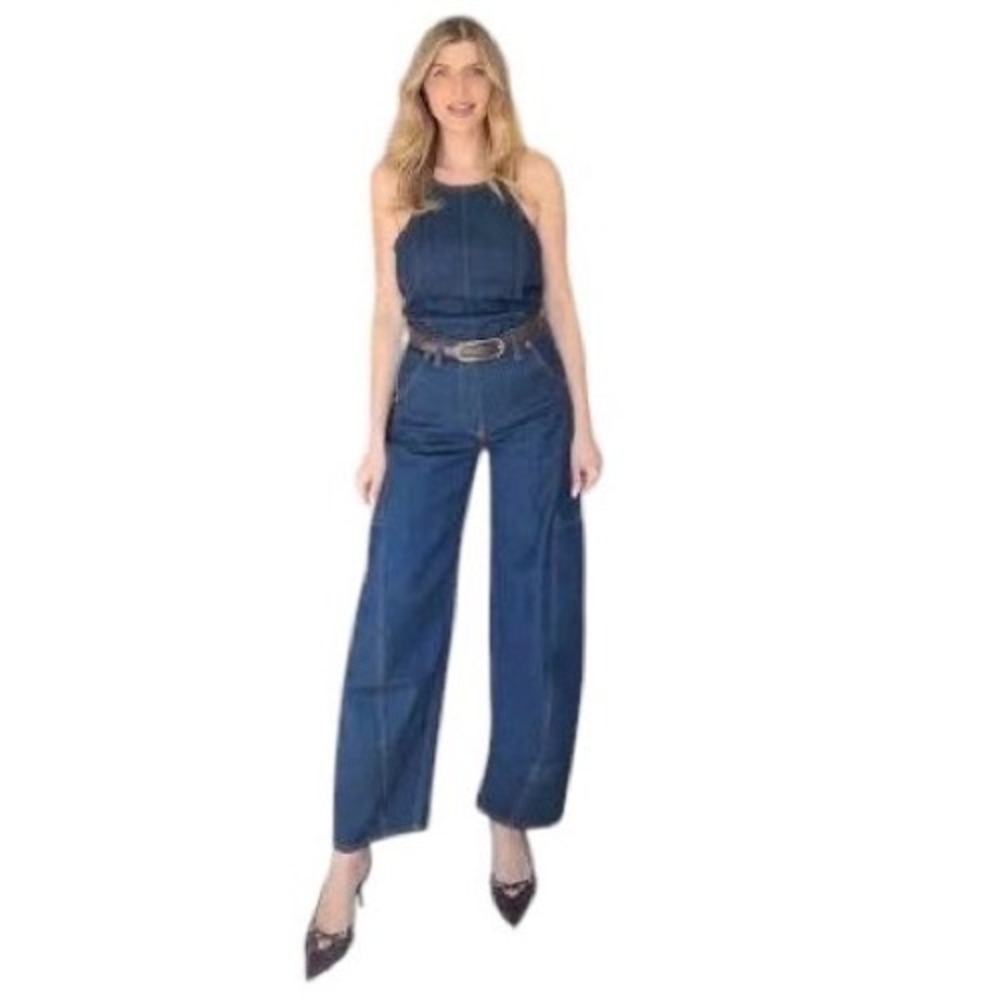 Abercrombie & Fitch Halterneck Barrel Leg Denim Jumpsuit in Indigo Medium Petite